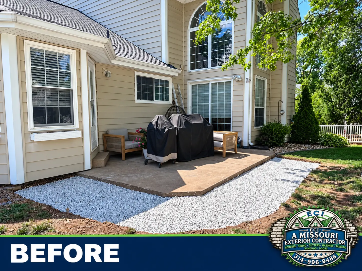 Patio before the stone outdoor kitchen and surrounding hardscape