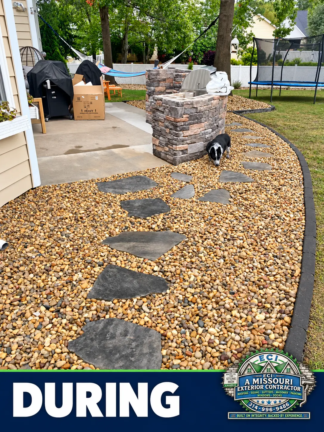 Flagstone stepping path and stone kitchen photographed during construction