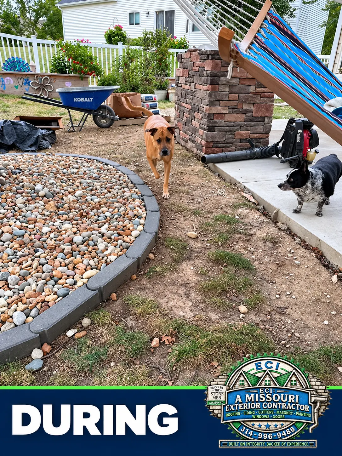 Stone kitchen masonry and landscape edging during construction