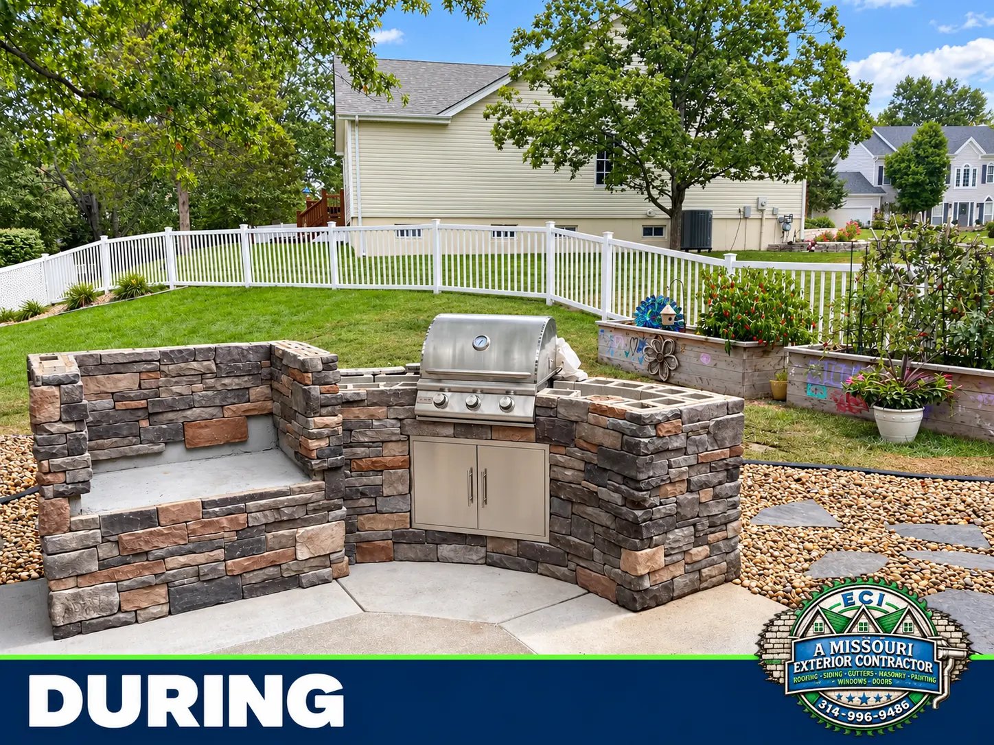Outdoor grill and stone masonry photographed during installation