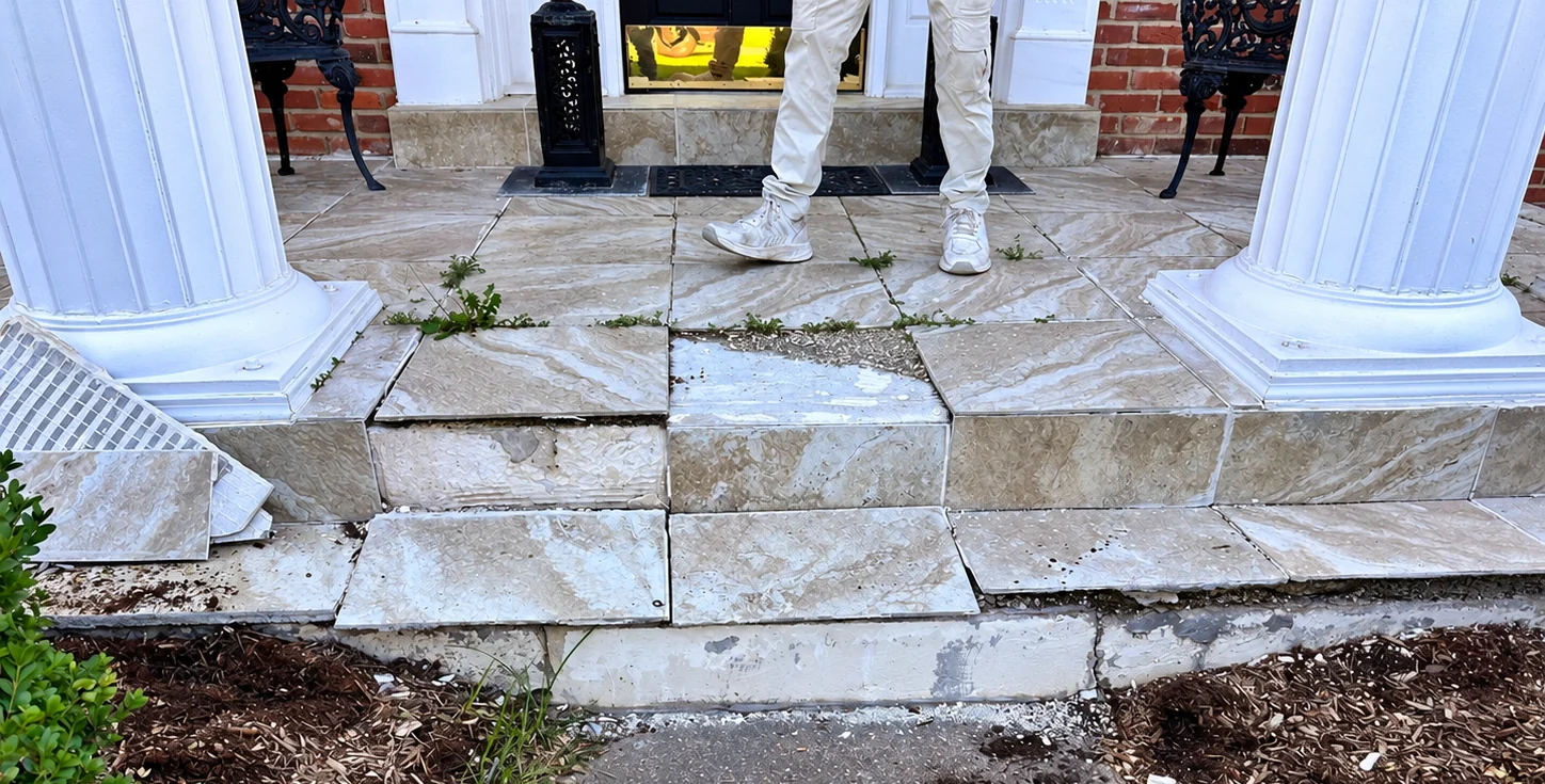 Uneven cracked stone porch and steps before brick masonry restoration