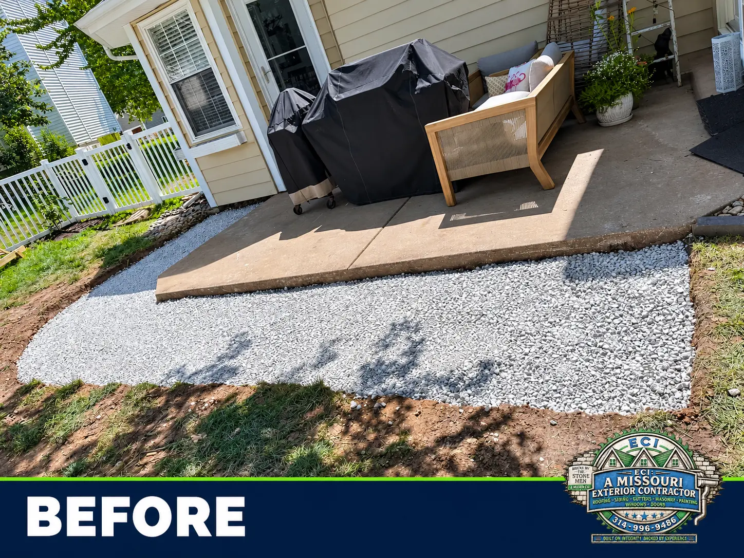 Existing patio edge and fresh stone base before the outdoor kitchen